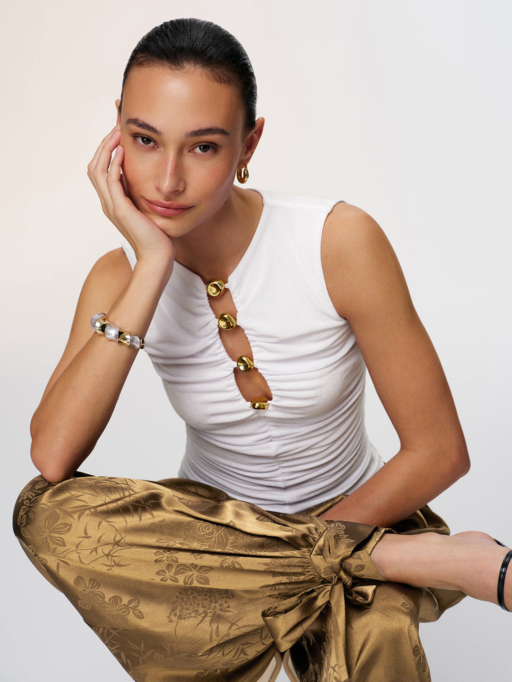 Sleeveless Metal Detail Top with Ruched Design