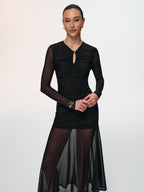 Semi-Sheer Mesh Dress with Ruched Keyhole Neckline
