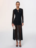 Semi-Sheer Mesh Dress with Ruched Keyhole Neckline