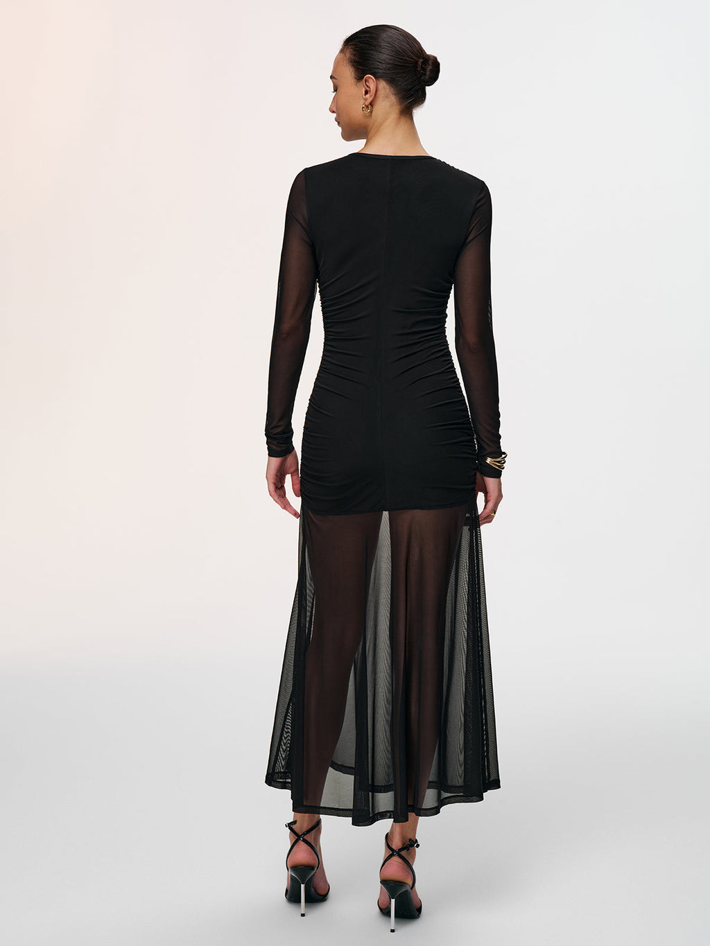 Semi-Sheer Mesh Dress with Ruched Keyhole Neckline