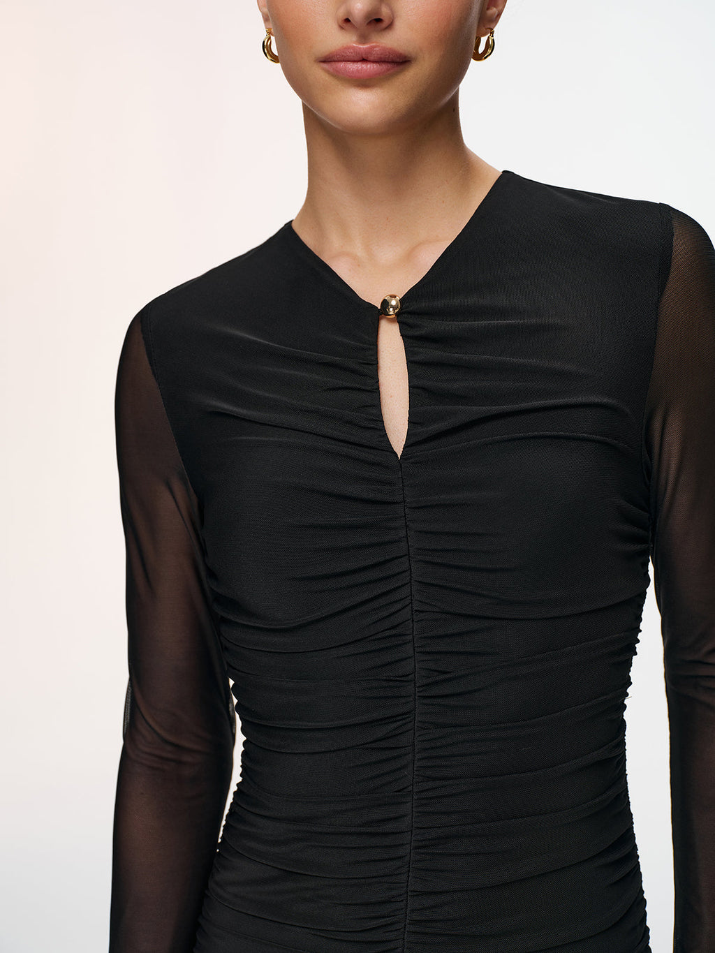 Semi-Sheer Mesh Dress with Ruched Keyhole Neckline