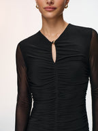 Semi-Sheer Mesh Dress with Ruched Keyhole Neckline