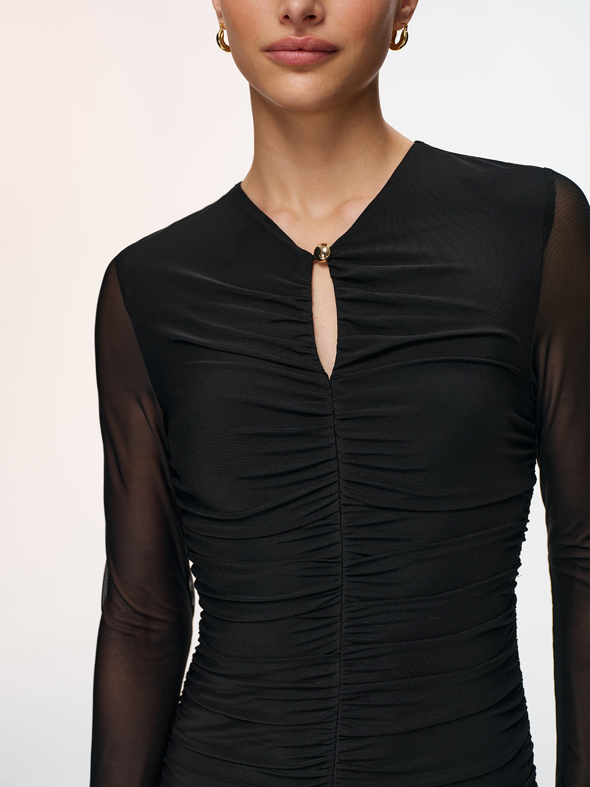 Semi-Sheer Mesh Dress with Ruched Keyhole Neckline