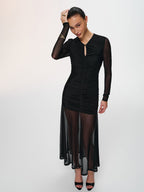Semi-Sheer Mesh Dress with Ruched Keyhole Neckline