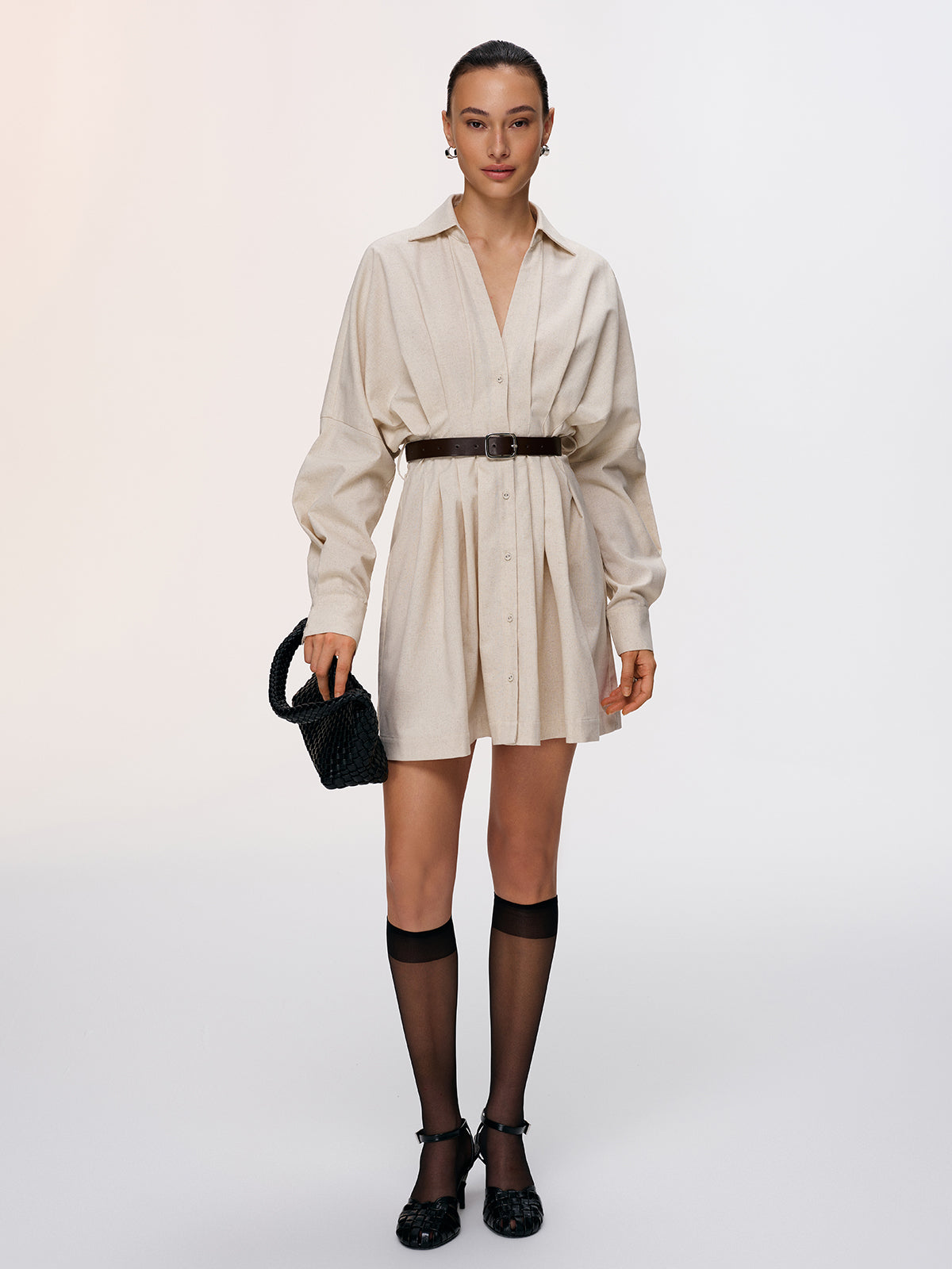 Cotton-Linen Shirt Dress with Pleats and Belt