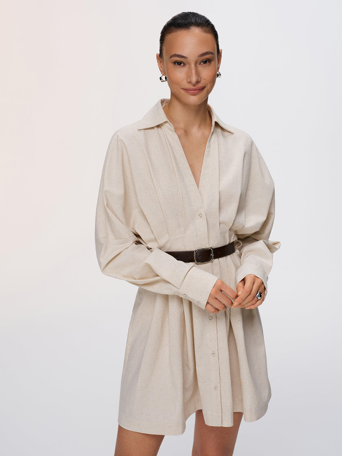 Cotton-Linen Shirt Dress with Pleats and Belt