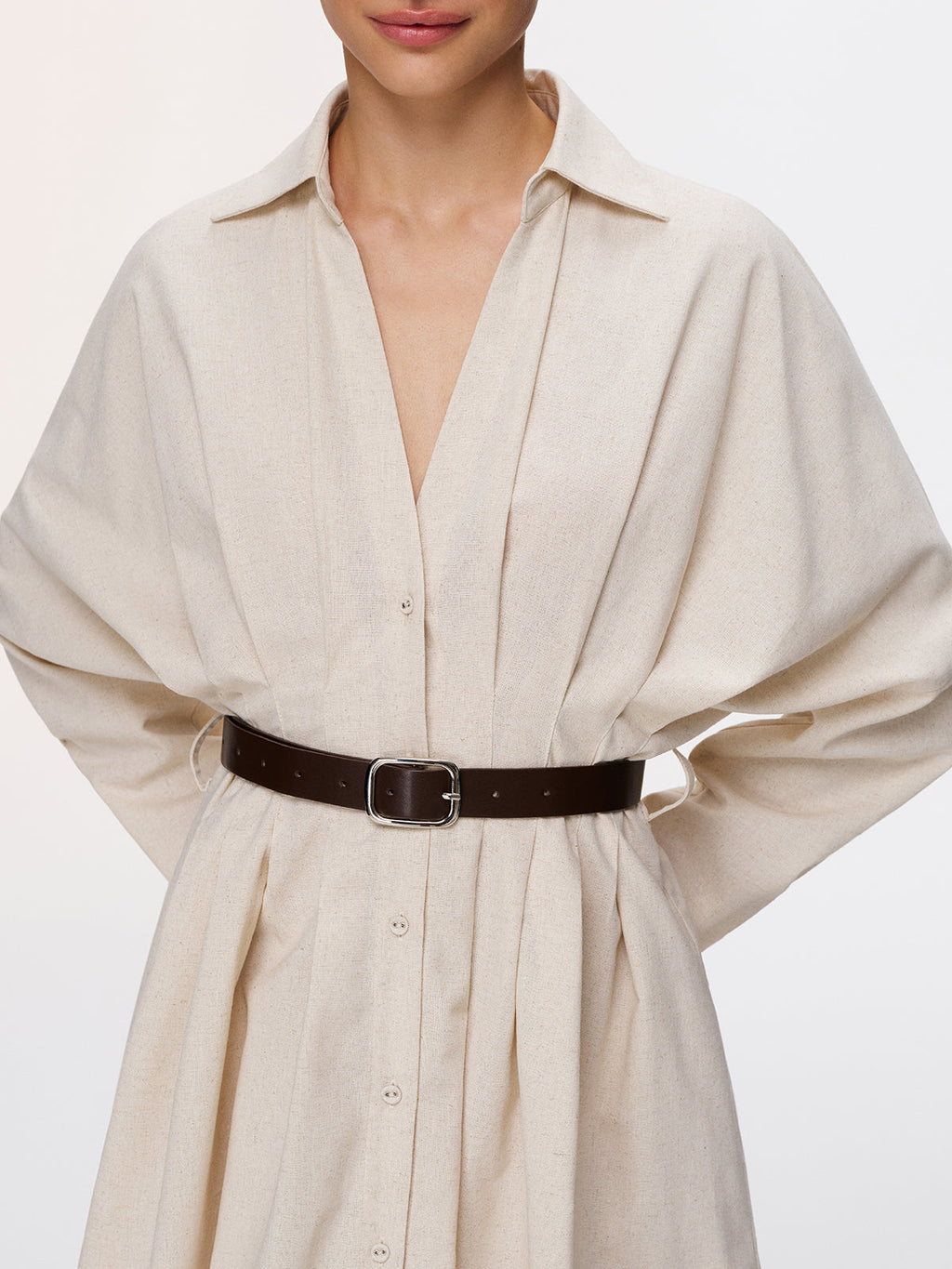 Cotton-Linen Shirt Dress with Pleats and Belt