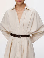 Cotton-Linen Shirt Dress with Pleats and Belt