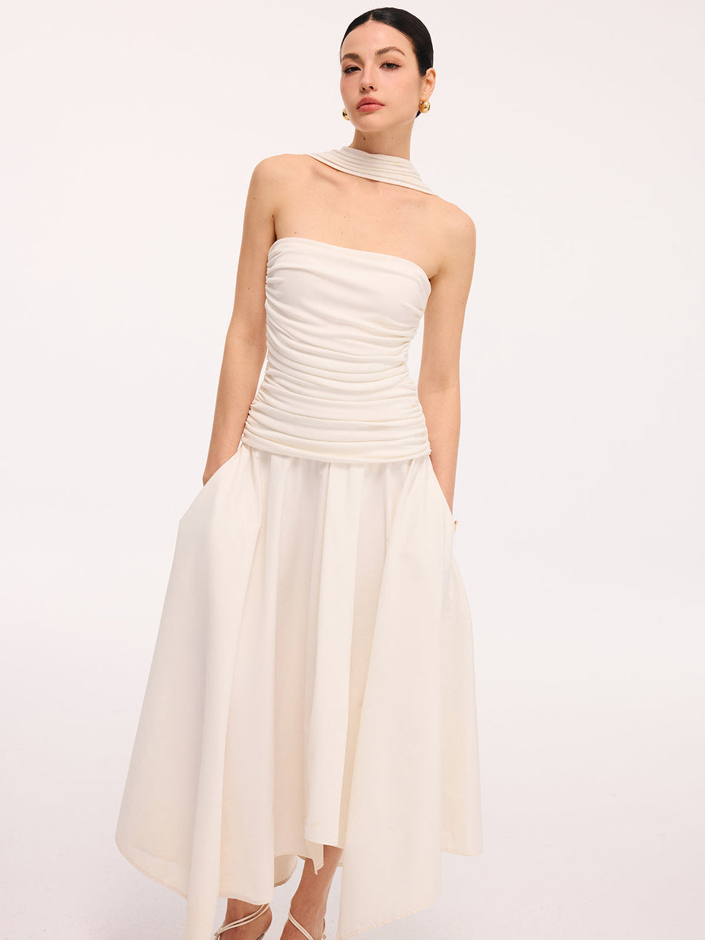Asymmetrical Hem Midi Dress with Ruched Halter Neck