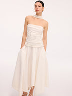 Asymmetrical Hem Midi Dress with Ruched Halter Neck