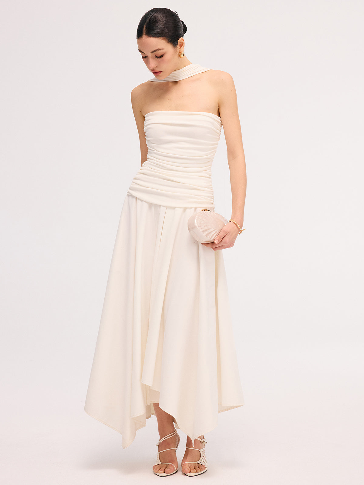 Asymmetrical Hem Midi Dress with Ruched Halter Neck