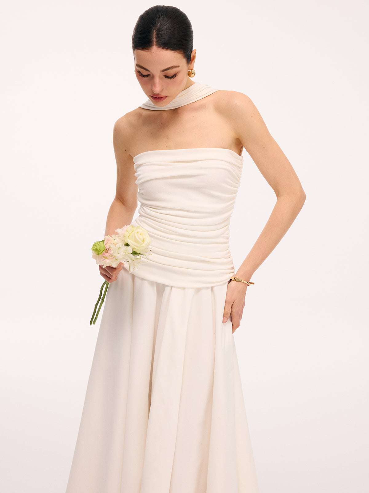 Asymmetrical Hem Midi Dress with Ruched Halter Neck