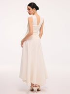 Asymmetrical Hem Midi Dress with Ruched Halter Neck