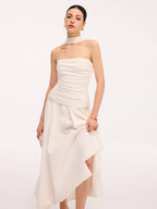 Asymmetrical Hem Midi Dress with Ruched Halter Neck