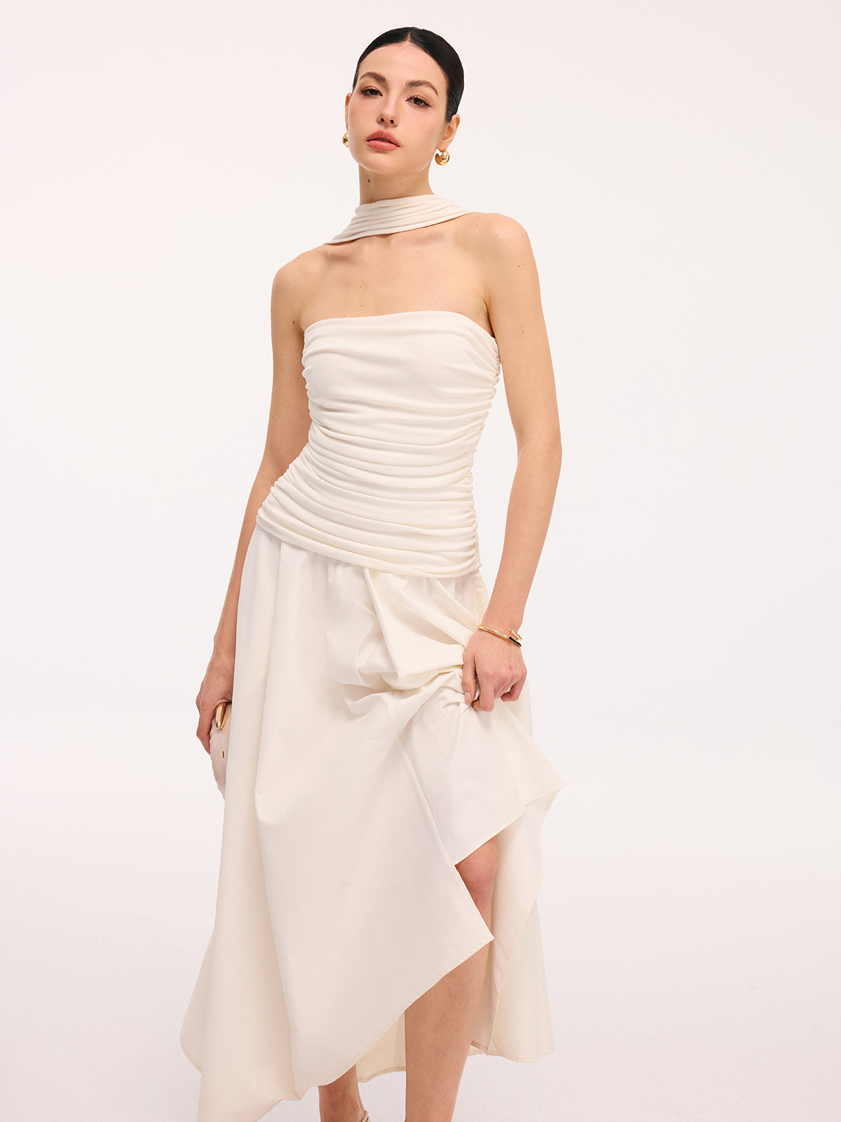 Asymmetrical Hem Midi Dress with Ruched Halter Neck
