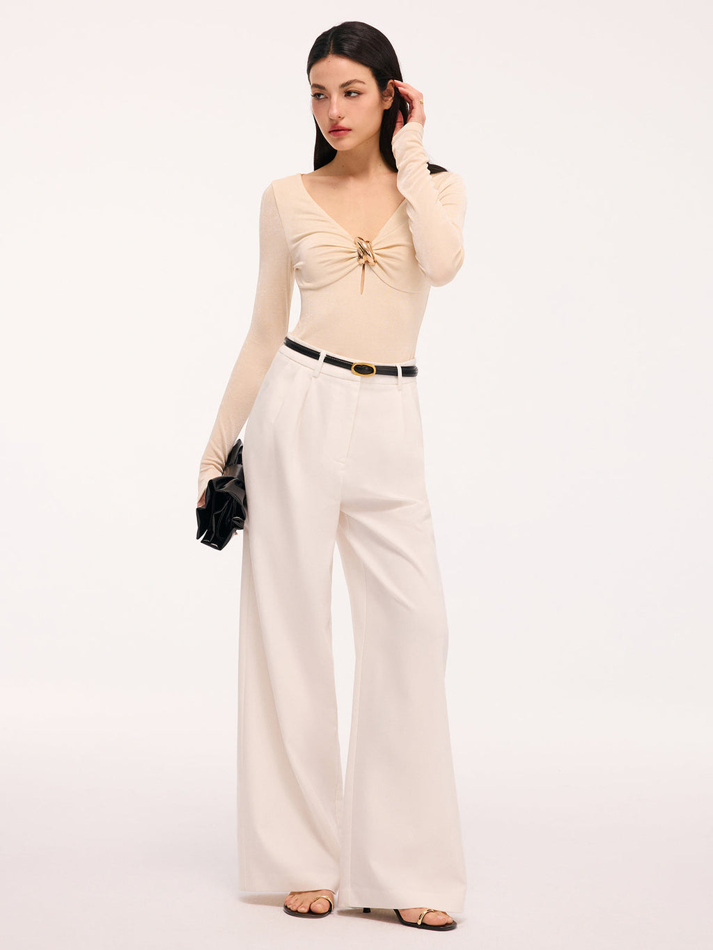 Long-Sleeve Bodysuit with Metal Detail Cut-Out