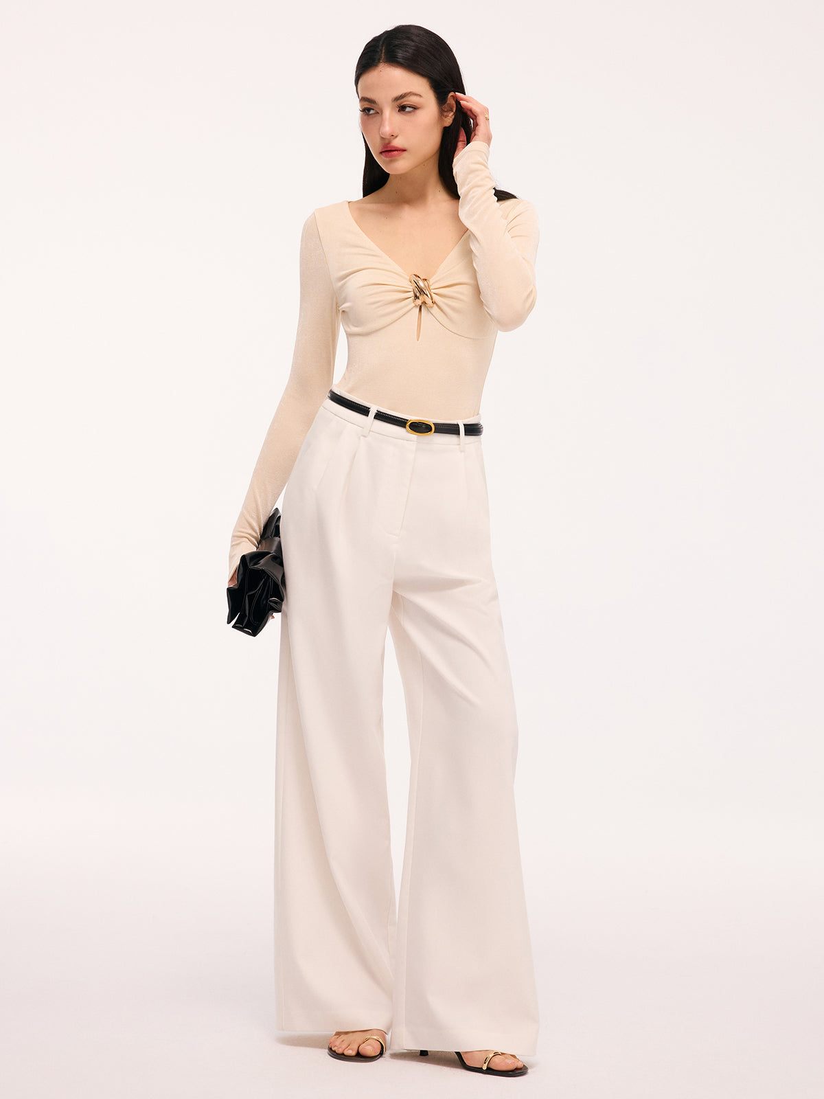 Long-Sleeve Bodysuit with Metal Detail Cut-Out