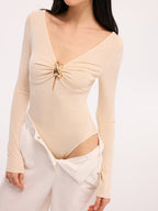 Long-Sleeve Bodysuit with Metal Detail Cut-Out