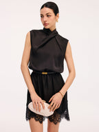 Satin Sleeveless Dress with Lace Trim and Cross Neck