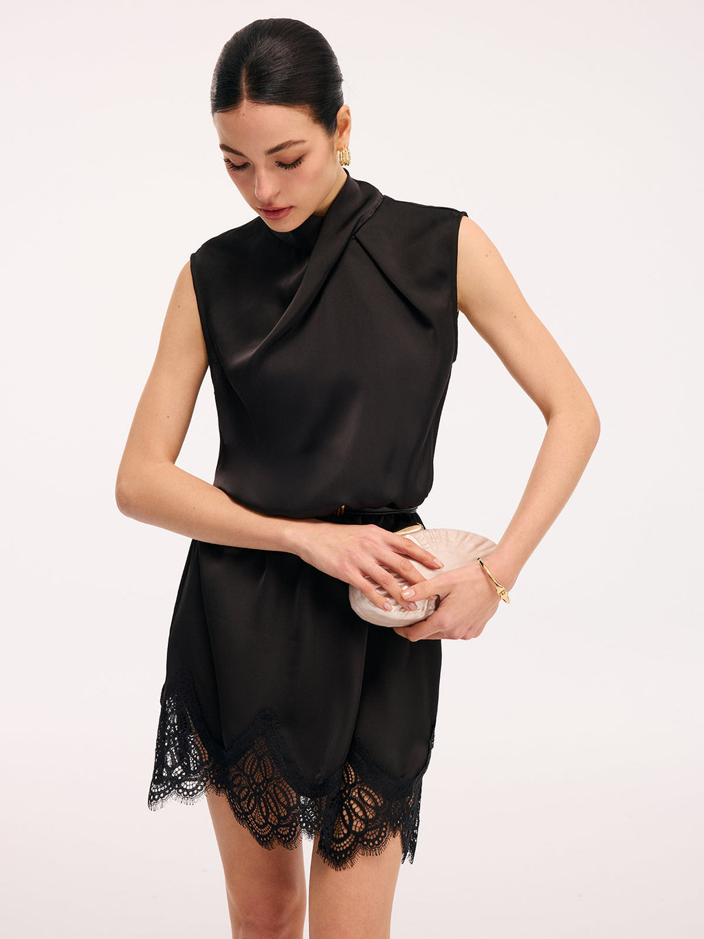 Satin Sleeveless Dress with Lace Trim and Cross Neck