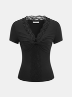 Short Sleeve Top with Lace Trim and Twist Front