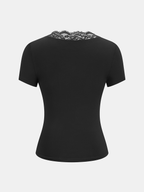 Short Sleeve Top with Lace Trim and Twist Front