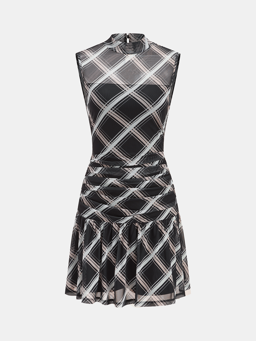 Mock Neck Ruffle Detail Mini Dress in Plaid