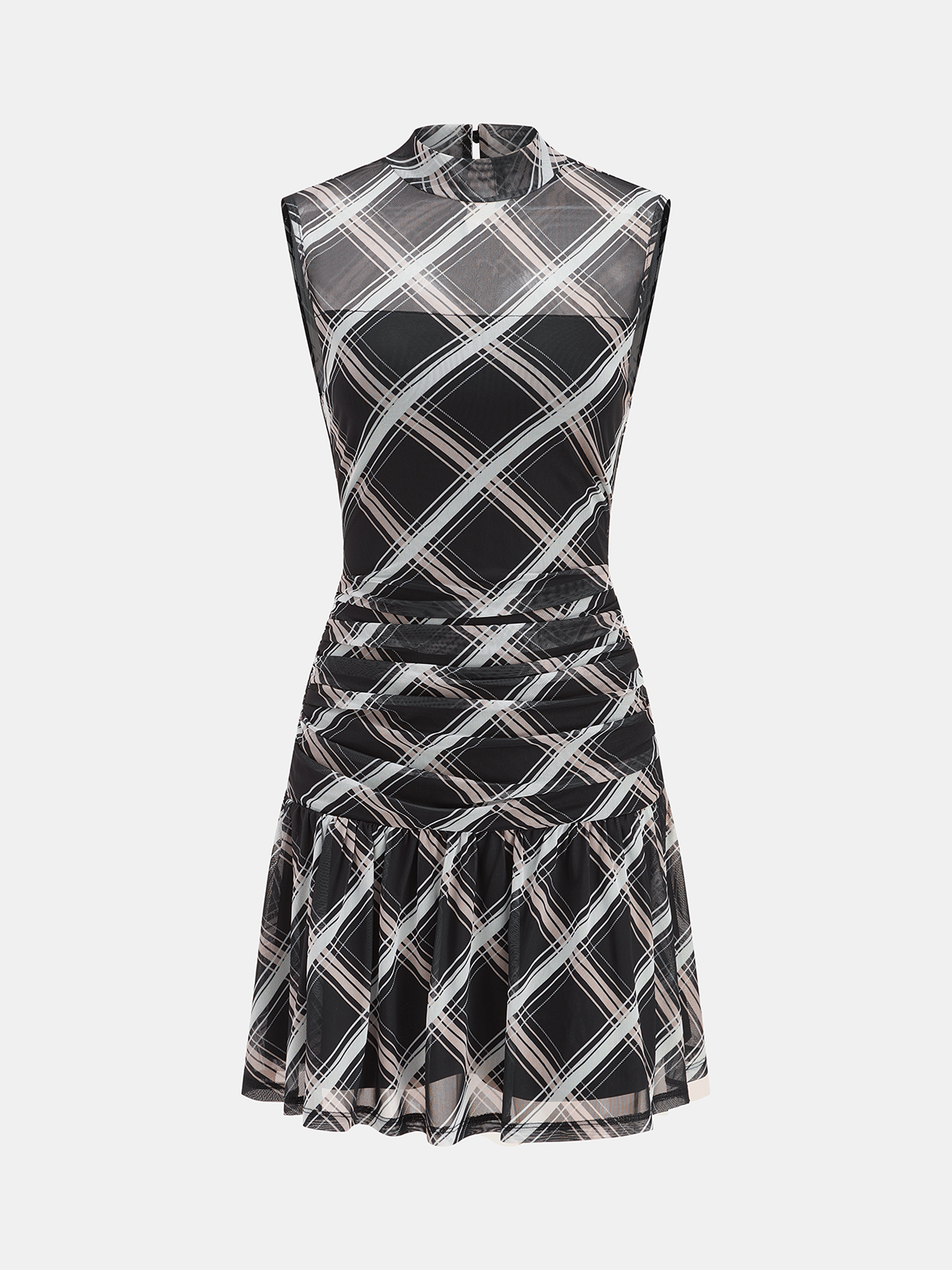 Mock Neck Ruffle Detail Mini Dress in Plaid