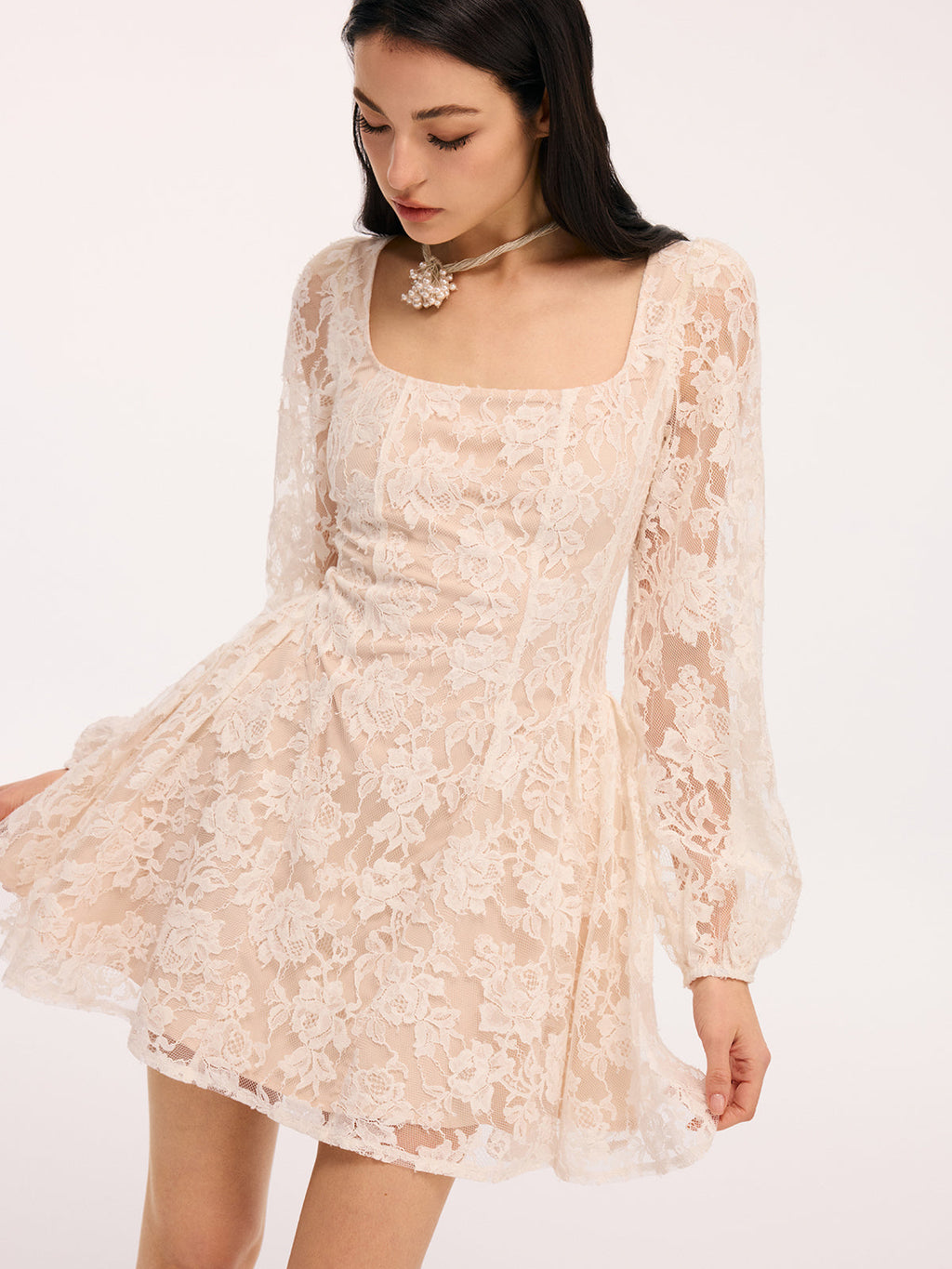 Floral Lace Mini Dress with Square Neckline
