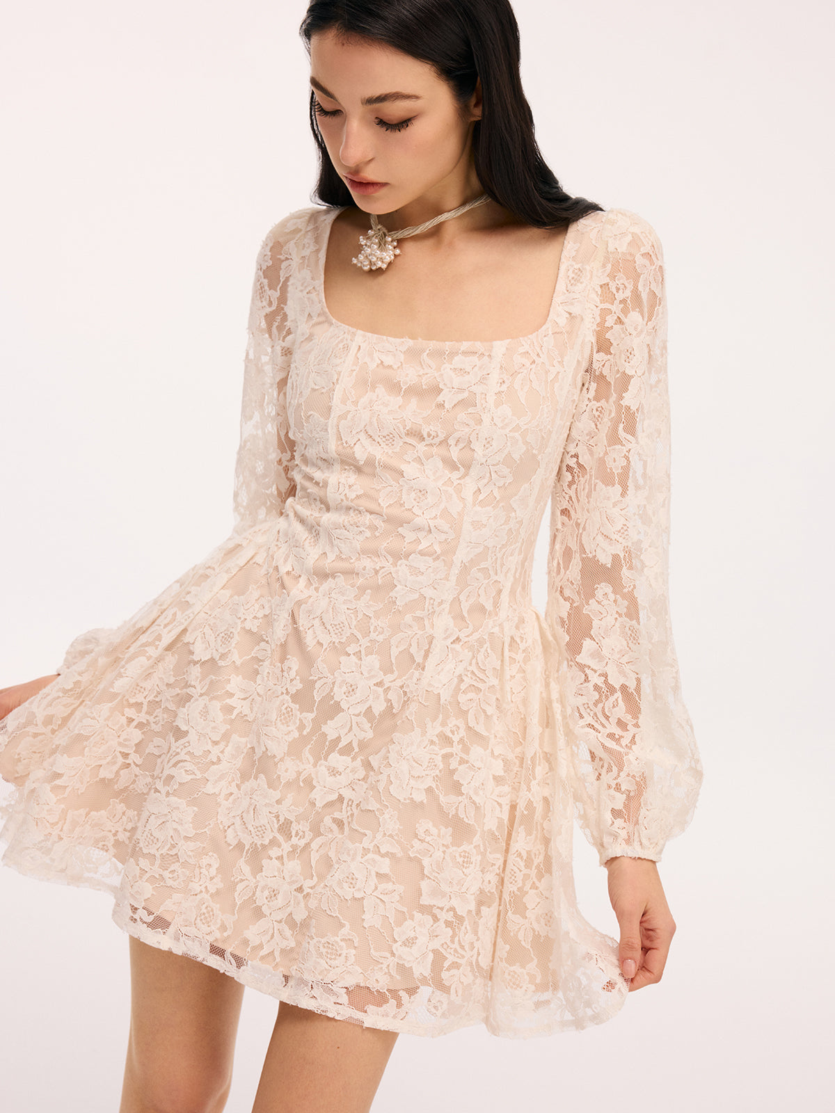Floral Lace Mini Dress with Square Neckline