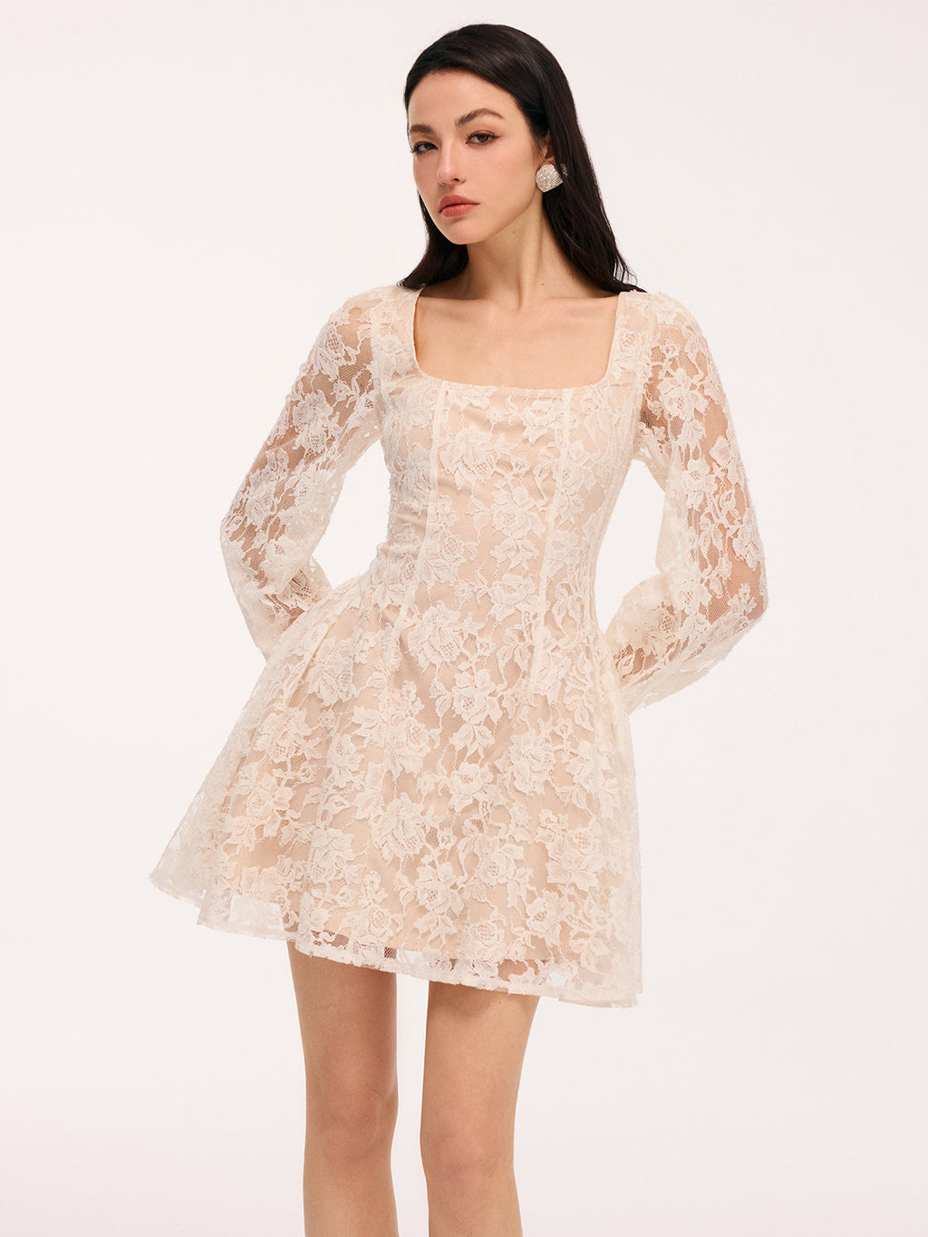 Semi-Sheer Square Neck Mini Dress with Floral Lace