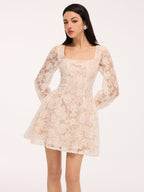Semi-Sheer Square Neck Mini Dress with Floral Lace