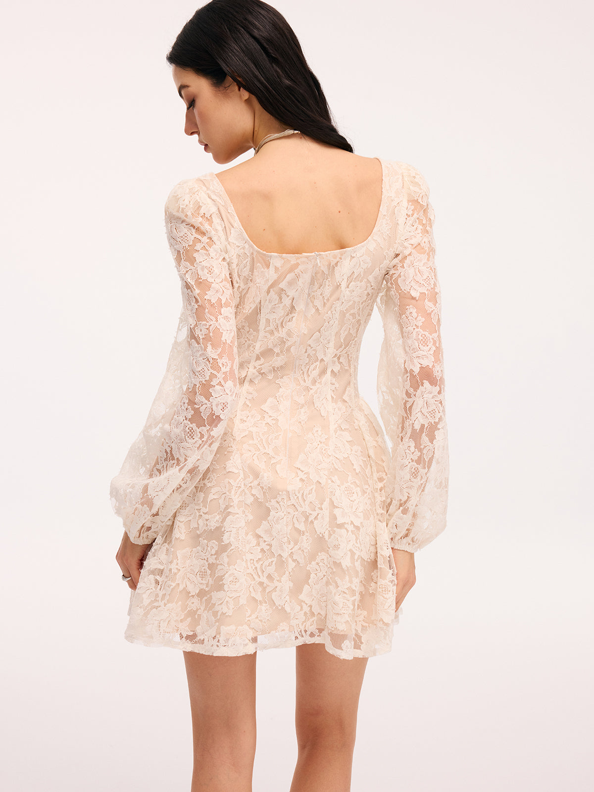 Semi-Sheer Square Neck Mini Dress with Floral Lace
