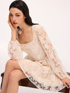 Semi-Sheer Square Neck Mini Dress with Floral Lace