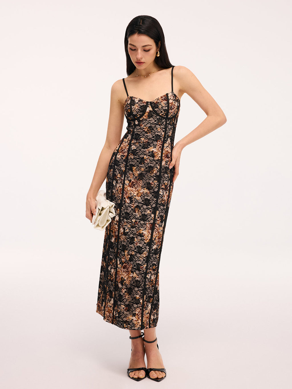 Lace-Adorned Floral Cami Maxi Evening Dress