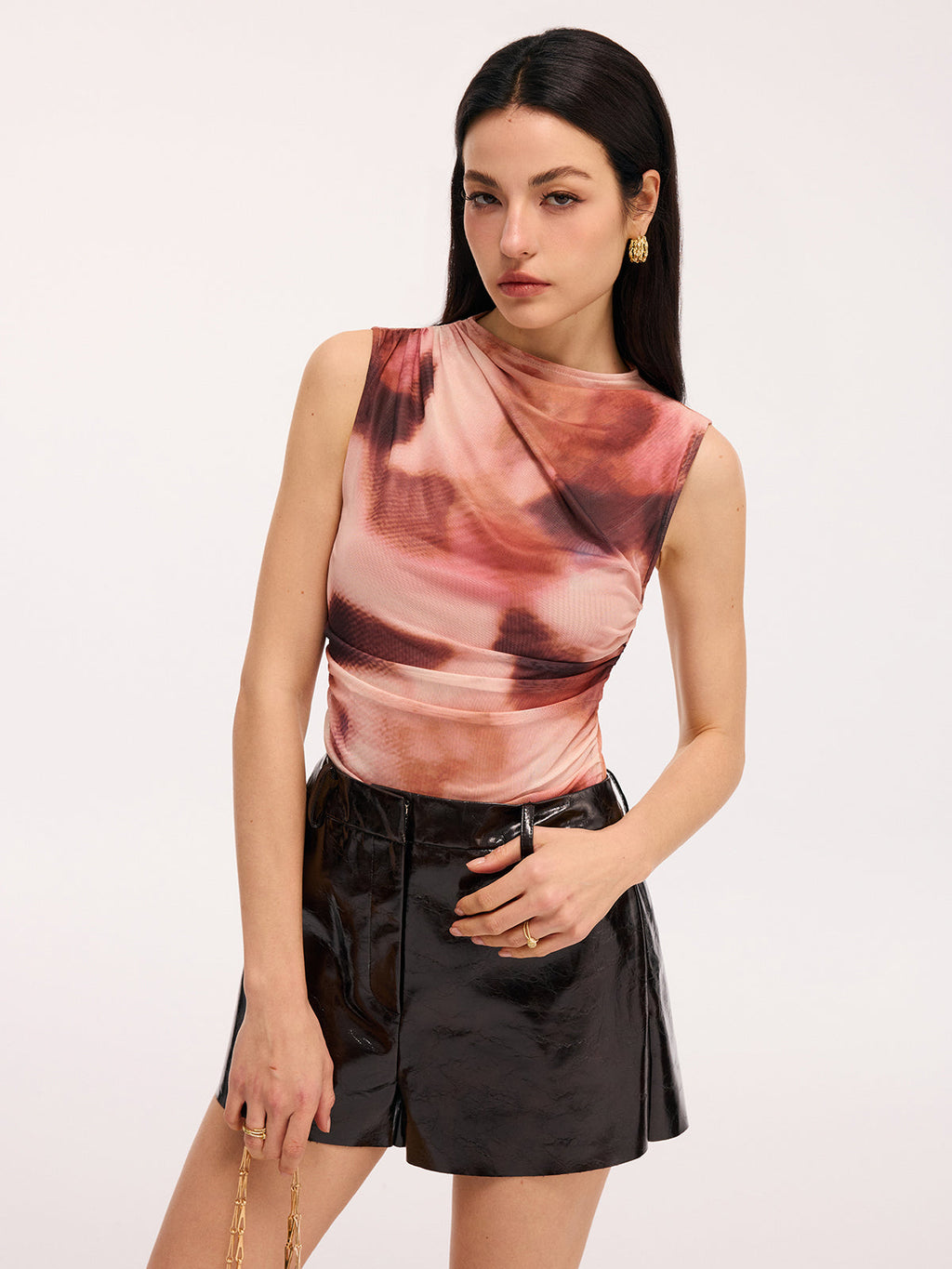 Colorful Sleeveless Ruched Tie-Dye Bodysuit