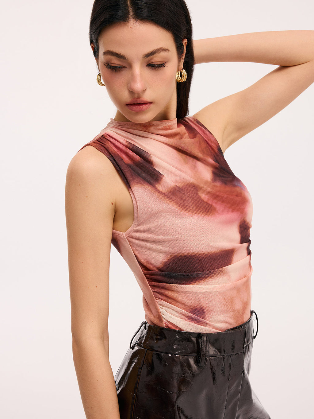 Colorful Sleeveless Ruched Tie-Dye Bodysuit