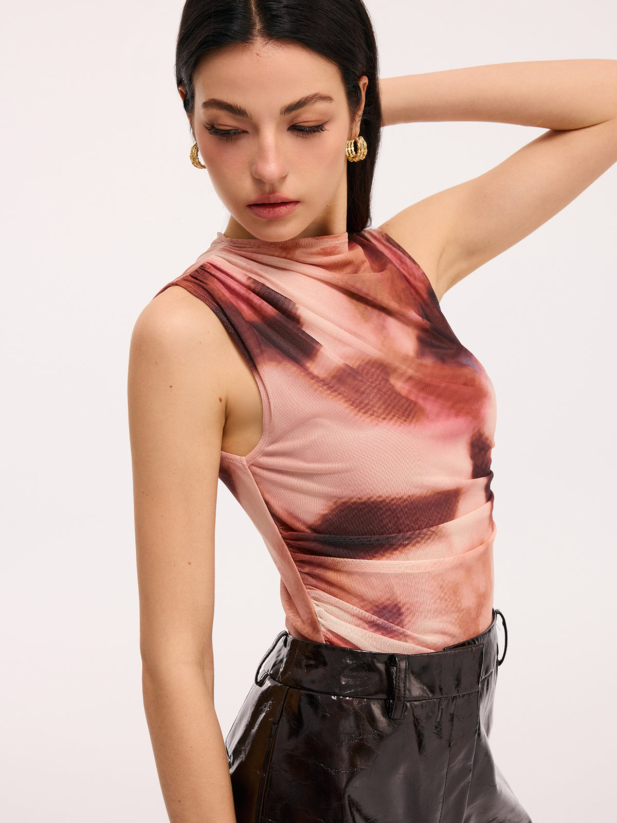 Colorful Sleeveless Ruched Tie-Dye Bodysuit