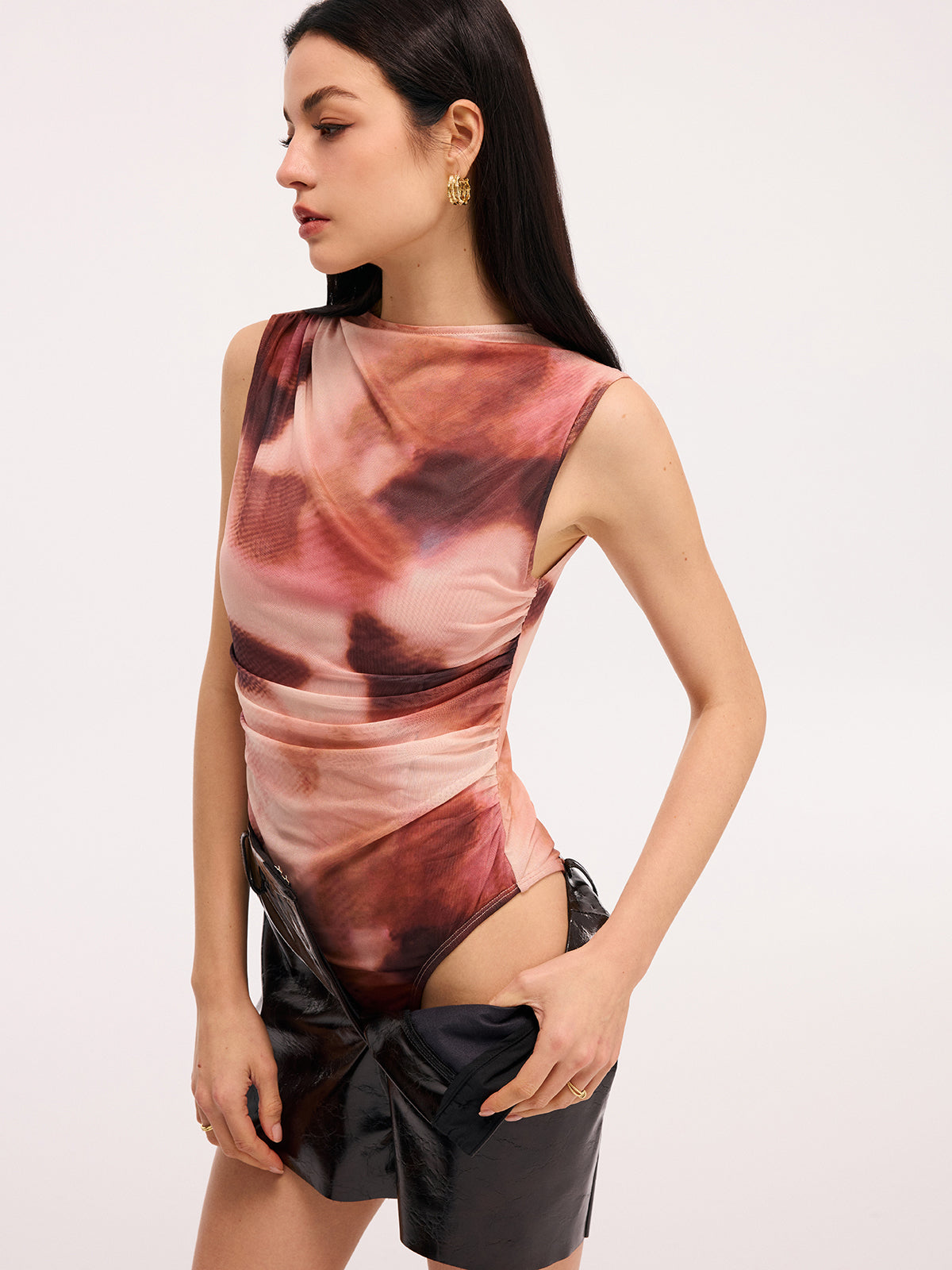 Colorful Sleeveless Ruched Tie-Dye Bodysuit