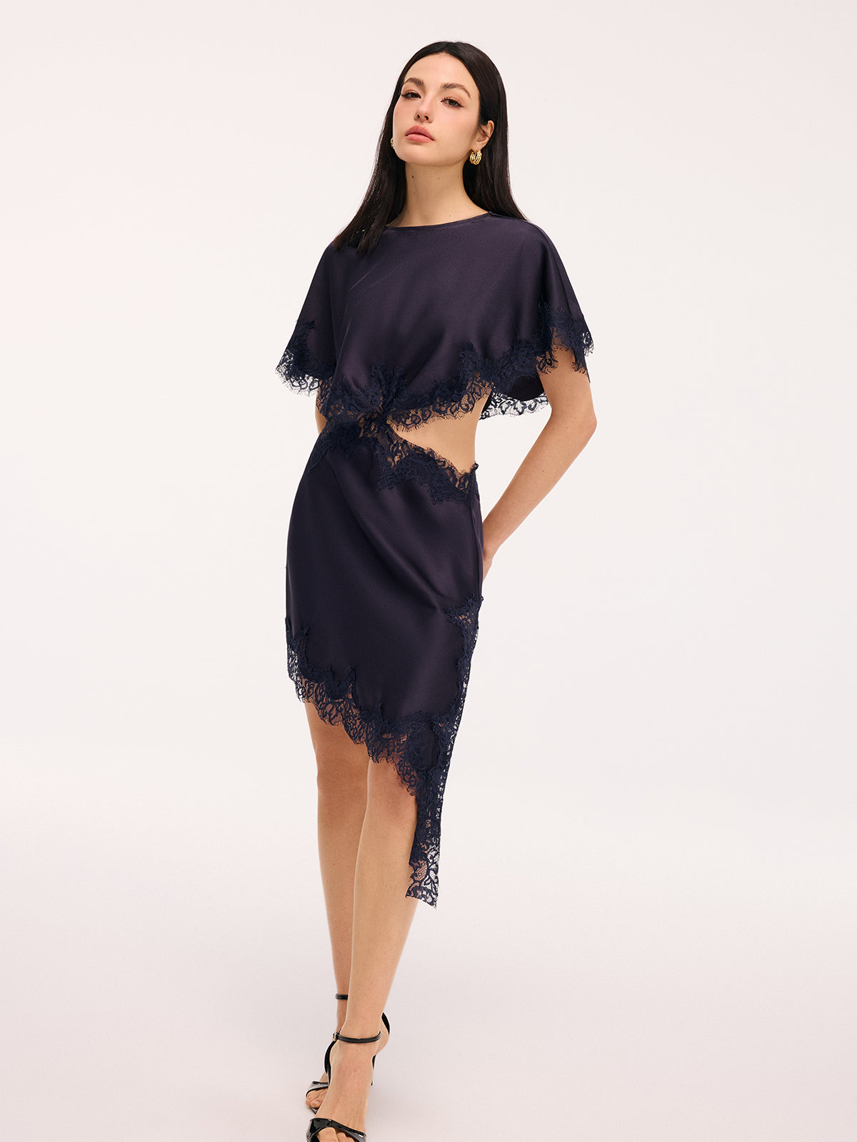 Lace Trim Satin Mini Dress with Capelet Cut-Out