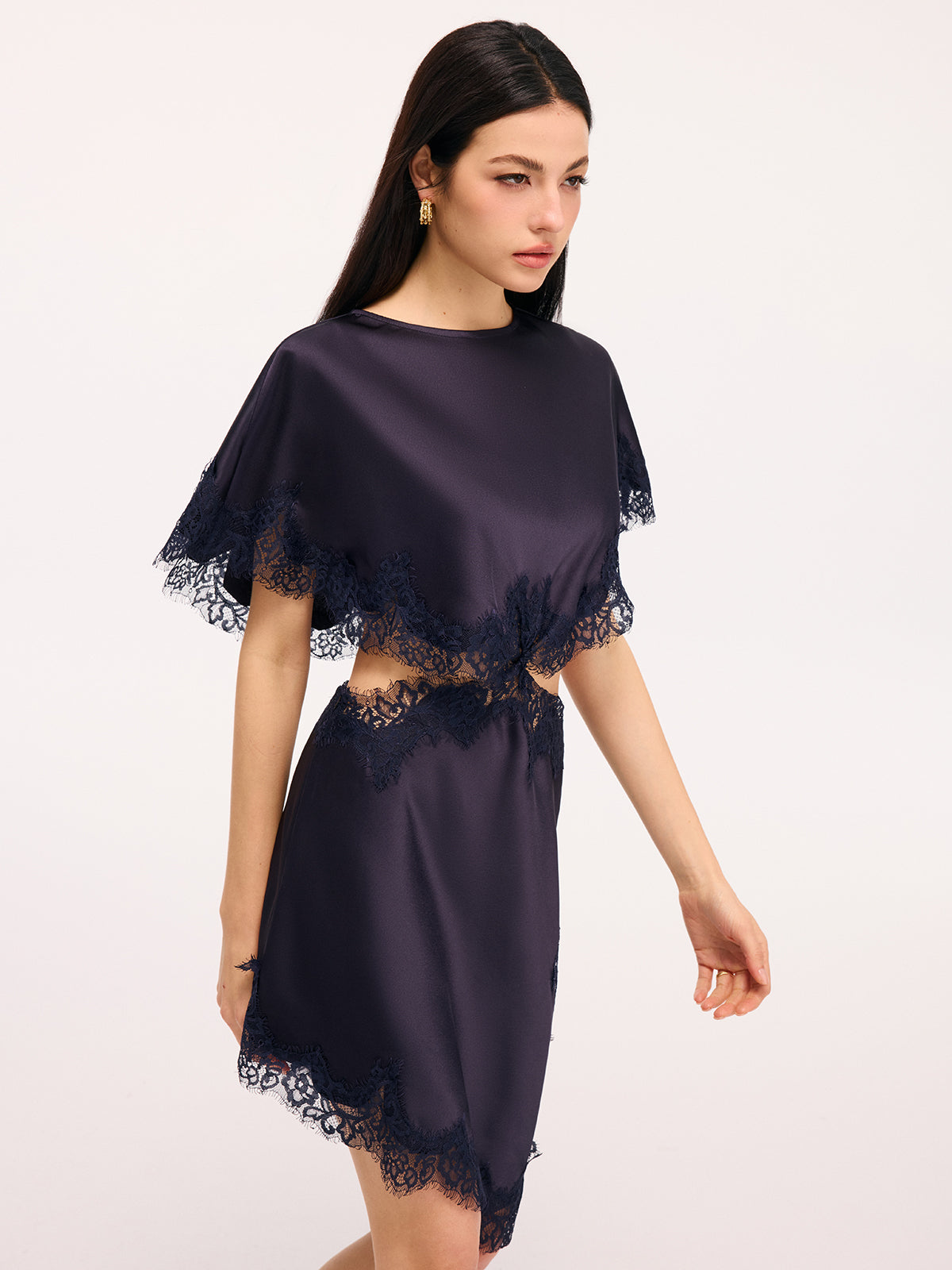 Lace Trim Satin Mini Dress with Capelet Cut-Out