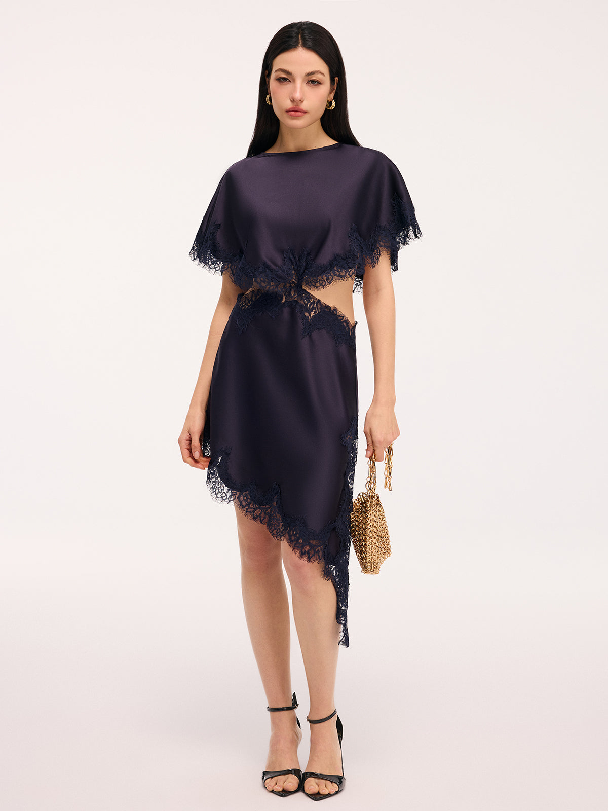 Lace Trim Satin Mini Dress with Capelet Cut-Out