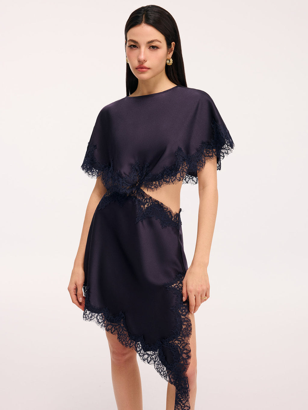 Lace Trim Satin Mini Dress with Capelet Cut-Out