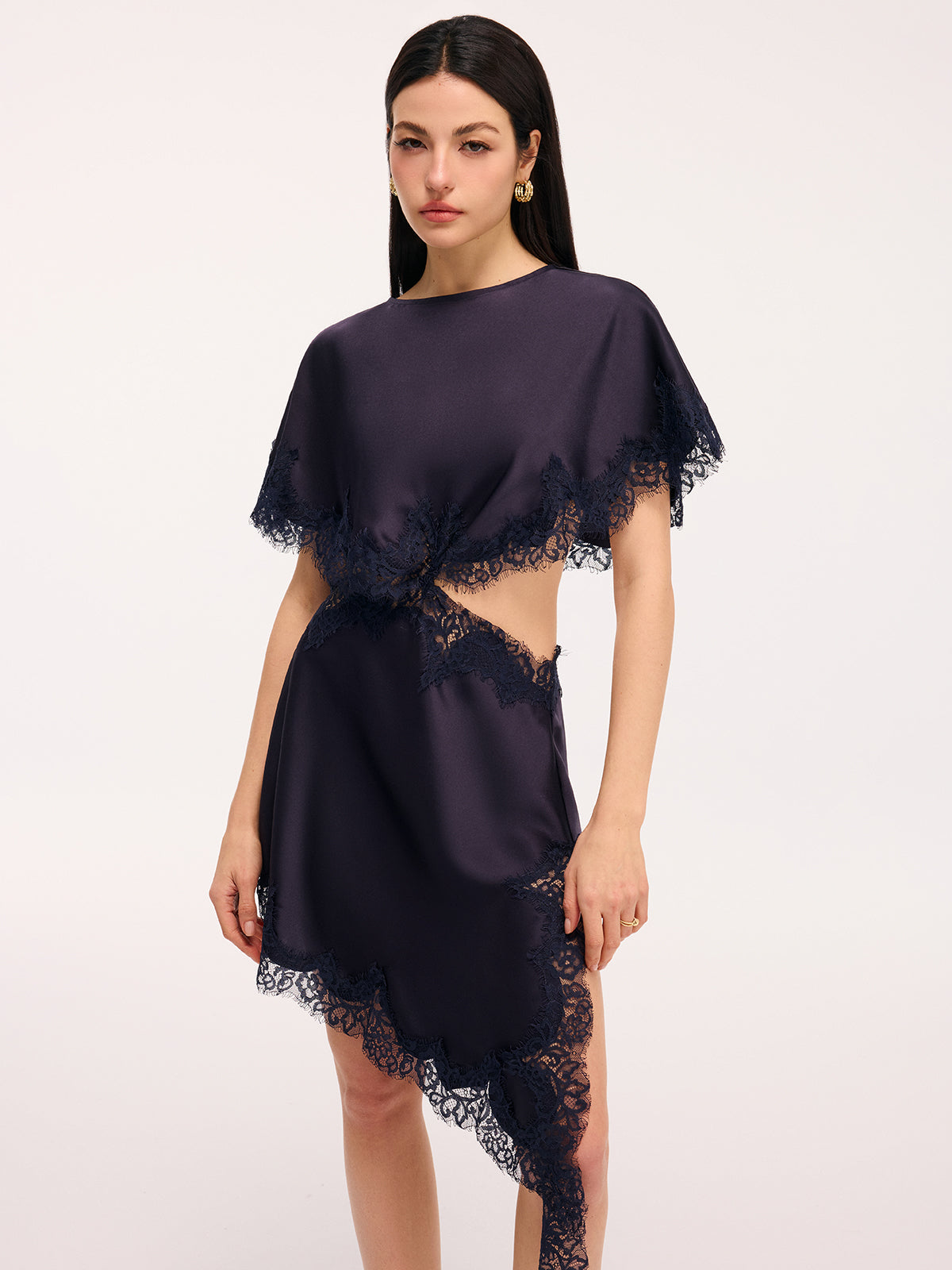 Lace Trim Satin Mini Dress with Capelet Cut-Out