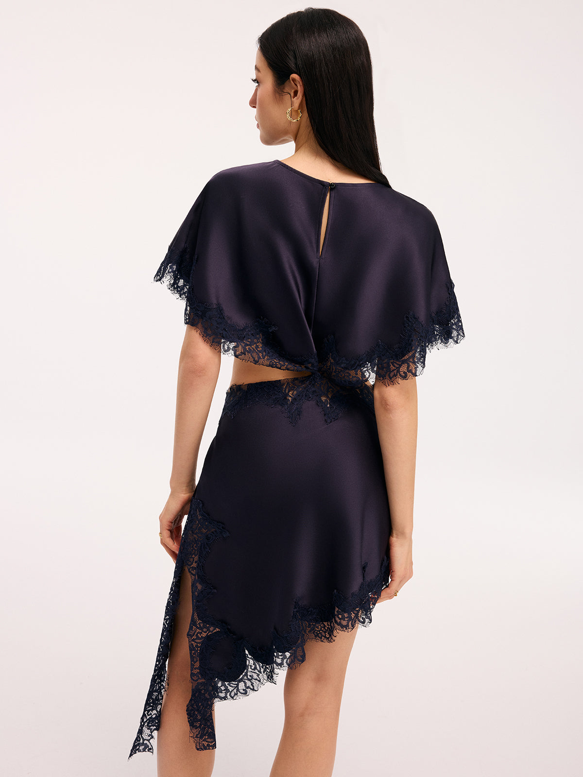 Lace Trim Satin Mini Dress with Capelet Cut-Out