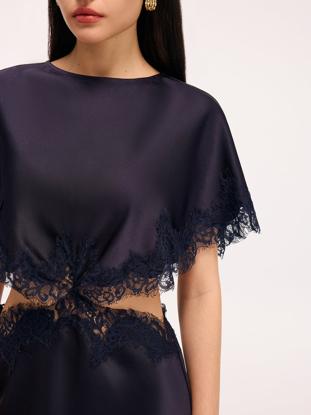 Lace Trim Satin Mini Dress with Capelet Cut-Out