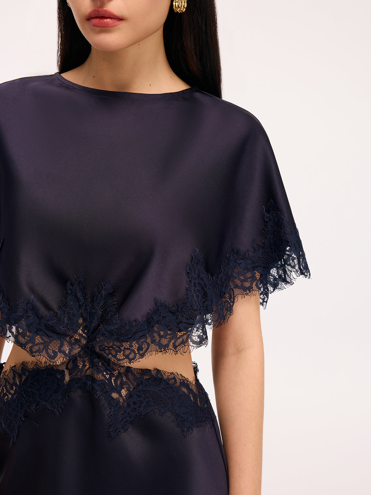 Lace Trim Satin Mini Dress with Capelet Cut-Out