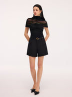 Sheer Panel Bodysuit with Ruched Short Sleeves