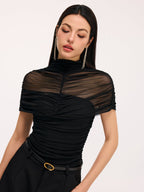 Sheer Panel Bodysuit with Ruched Short Sleeves