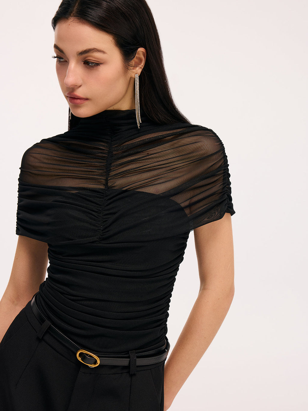 Sheer Panel Bodysuit with Ruched Short Sleeves